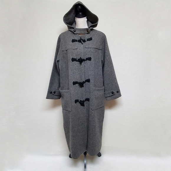 RARE Vintage 1970s Woolrich Woman Gray Wool Hooded Toggle Button Trenchcoat L - Picture 4 of 16